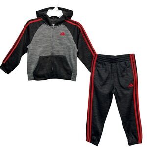 Adidas Toddler Boys Fleece Track Hooded Jacket & Pants Set Size 4T Gray Red